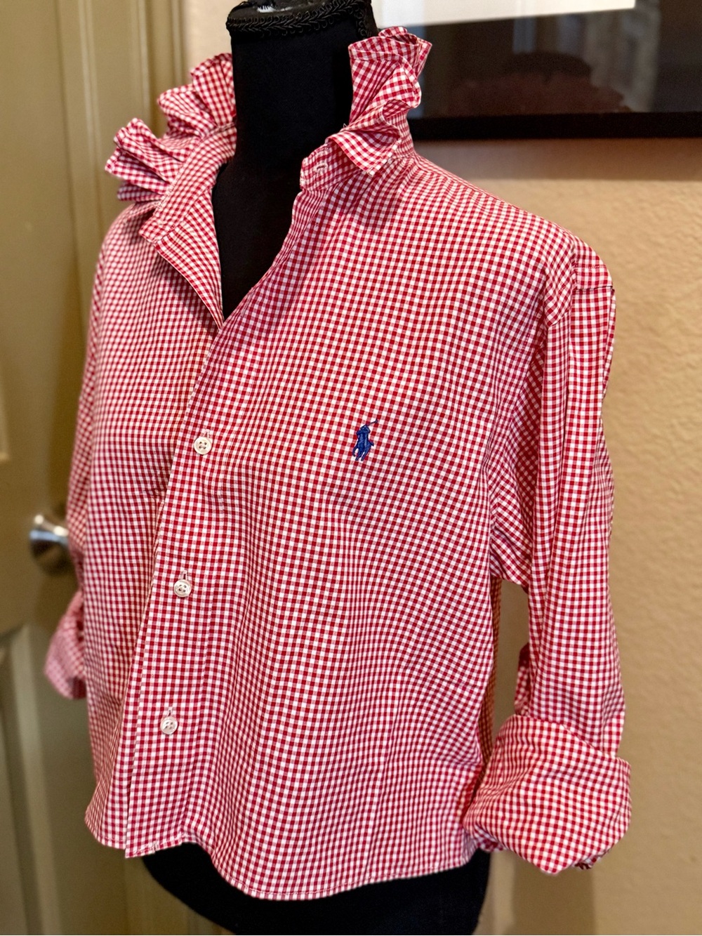 Ralph Lauren Red & White Gingham Ruffle Collar Button-Down Shirt